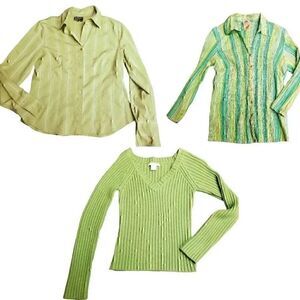 Green 3 Three Name Brand Blouses Button Down & Crewneck Sweater Tops